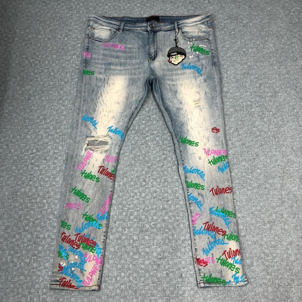Tulones Jeans Mens 44 Light Wash Distressed Graffiti All Over Denim Casual Norm